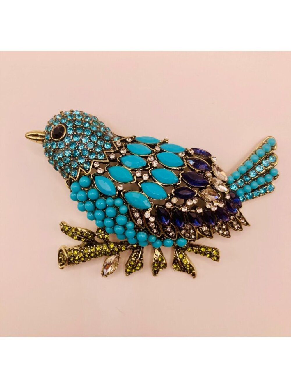 Large Rhinestone-Encrusted Blue Bird Brooch Pin Turquoise Blue Stones -43B
